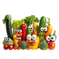 Vegetables with faces on a white background create a fun and playful display of garden produce, group vegetables with faces and eyes, white background png