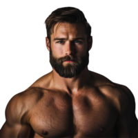 Handsome muscle man posing confidently with a strong physique and captivating expression against a dark background, Portrait a handsome muscle man posing isolated on background png