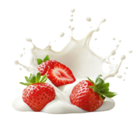 Milk and yogurt splash with fresh strawberries creating a vibrant visual display, Milk or yogurt splash with strawberries isolated on Transparent background png