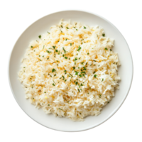 Cooked rice garnished with herbs served in a simple white plate on a clean Transparent background, Cooked rice in white plate on background png