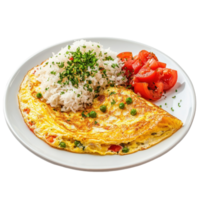 Delicious omelet served with fluffy rice and fresh tomatoes on a white plate, omelet with rice isolated on Transparent background png