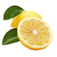 Fresh lemon with vibrant green leaves and a juicy half, perfect for culinary and refreshing drinks, lemon fruit with leaves and half isolated, Fresh and Juicy Lemon, isolated on Transparent background png