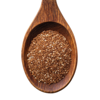 Brown teff grain displayed in wooden spoon on white background, emphasizing texture and color, Brown Teff Grain in wood spoon on white background png