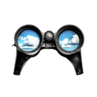 Closeup view of binoculars reflecting a bright sky with clouds, showcasing the beauty of nature, Close up black binocular with sky in glasses isolated on white png