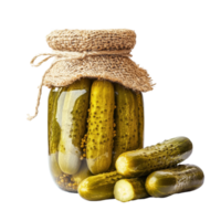 Delicious pickled cucumbers in a jar with additional cucumbers on a Transparent background, Pickled cucumber isolated on background png