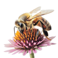 Closeup of a vibrant bee collecting nectar from a colorful flower against a clean Transparent background, Closeup a bee on a flower png