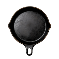 Black cast iron skillet top view isolated on Transparent background for culinary and cooking contexts, Pan top view isolated on background png