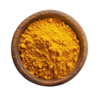 Turmeric powder in a wooden bowl against a clean Transparent background, turmeric powder in wood bowl on background png