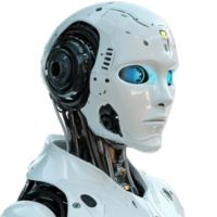 Futuristic robot avatar closeup portrait showcasing intricate design and advanced technology features, Futuristic robot avatar close up portrait isolated on white background png