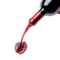 Red wine pours from a bottle creating a rich pool on a clean white backdrop during casual dining, Red wine pouring from bottle on Transparent background png