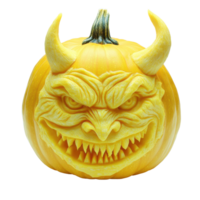 Intricately carved yellow pumpkin displaying a fierce Halloween design with detailed features, Closeup view yellow pumpkin carved as halloween devil face on Transparent background png