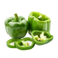 Fresh green bell peppers and sliced pieces on a white background ready for cooking or meal preparation, red sweet bell pepper, half and slices isolated, isolated on white background png