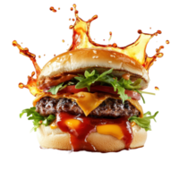 Juicy hamburger with overflowing sauce and fresh ingredients ready to enjoy at a summer barbecue, hamburger with a lot sauce and a splash liquid, white background png