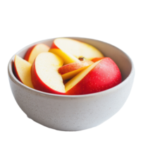 Sliced apples in a bowl with a bright red apple on a clean white background, bowl sliced apples and a red apple png