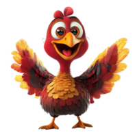 Cute cartoon turkey with colorful plumage on a Transparent background showcasing a playful and joyful expression, cute cartoon turkey 3d, isolated background png