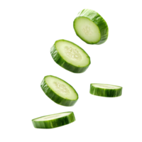 Falling cucumber slices create a refreshing and vibrant display against a clean white background, Cucumber slices in plateisolated on white background png