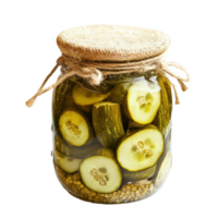 Pickled cucumber jar filled with fresh slices and spices on a Transparent background, Pickled cucumber in a jar isolated on background png