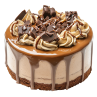 Indulge in delicious caramel mud cake topped with chocolate and cream on a white background, caramel mud cake isolated on white background png
