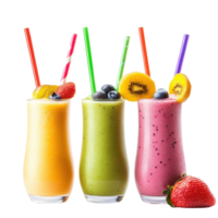 Refreshing fruit smoothies in colorful glasses with straws on white background, Fruit Smoothies with Straws Isolated on a White Background png