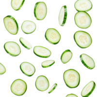 Floating cucumber slices create a refreshing visual against a clean white background, Cucumber slices in plateisolated on white background png