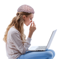 Woman engages in deep thought while typing on laptop with a brain model head against a Transparent background, Woman Talking on Head and Typing on Laptop isolated on background png