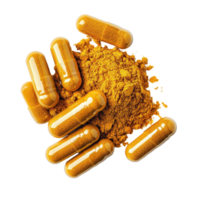 Turmeric powder and capsules for health benefits and wellness support, Turmeric powder and turmeric capsules isolated on Transparent background png