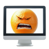 Computer screen displays an angry orange with sharp teeth and a fierce expression, computer screen with an angry orange on it, Transparent background png