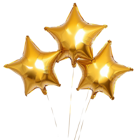 Bright golden star balloons floating against a clean white background for celebrations and events, Golden Star Helium Balloons on white background png