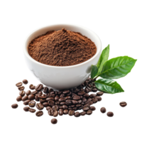 Fresh instant coffee grounds and coffee beans with green leaves isolated on white background, instant coffee leaves and pepper cupisolated on white background png