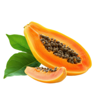 Fresh papaya with leaves isolated on a clean Transparent background showcasing vibrant colors and textures, Papaya with leaf isolated on background png