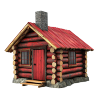 Rustic red wooden log cabin with stone chimney against a Transparent background, Red and Rustic Wooden Log Cabin Design, background png