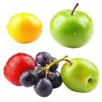 Fresh assortment of fruits featuring lemon, apple, grapes, and cherries isolated on white background, fruit vegetable isolated on white background png