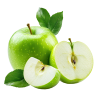 Fresh green apple with leaves and sliced segments on a clean background, green apple with leaves, half and slice isolated on white background png