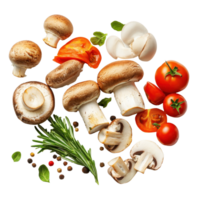 Fresh mushrooms and vegetables arranged on a Transparent background for cooking preparation, mushroom vegetable ingredientisolated on background png