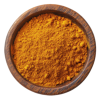Turmeric powder in a wooden bowl creating a vibrant display on a Transparent background, turmeric powder in wood bowl on background png