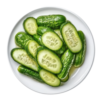 Pickled cucumbers arranged neatly on a white plate isolated on clean Transparent background, Pickled cucumbers on a plate isolated on background png