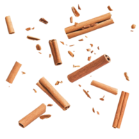 Cinnamon sticks fall gracefully against a clean white background creating a lively pattern, Falling cinnamon sticks isolated on white background png