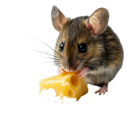 Mouse enjoys cheese while perched on a wooden trap in a minimalist setting, Mouse Eating Cheese from a Trap, Transparent background png