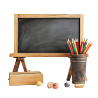 Study desk with chalkboard, colorful pencils, and wooden box isolated on a Transparent background, Study Desk and Board Isolated on background png