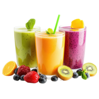 Colorful fruit smoothies displayed on a white background with fresh berries and sliced fruits, Fruit Smoothies Isolated on a White Background png