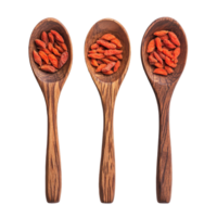 Dried goji berries displayed in wooden spoons for healthy snacking option, dried goji berries in wood spoonisolated on Transparent background png