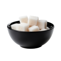 Sugar cubes in a black bowl set against a Transparent background creating a minimalist and elegant presentation, Sugar cube in black bowl isolated on background png