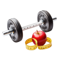 Dumbbells, a measuring tape, and an apple symbolize fitness and healthy living choices, Dumbbells with measuring tape and apple isolated on Transparent background png