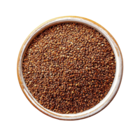 Brown teff grain displayed in a bowl on a white background highlighting its unique texture and color, Brown Teff Grain on white background png