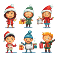Celebrate the New Year with joyful characters holding gifts and a calendar in a festive setting, New Years Celebration Characters with Calendar On Transparent background png