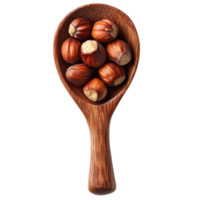 Hazelnuts in a wooden spoon on a white background showcasing natural textures and colors, hazelnuts in wood spoon isolated on white background png