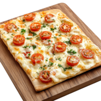 Enjoying Flammkuchen with cheese and tomatoes on a wooden board in a cozy German eatery, German cuisine, Flammkuchen with cheese and tomatoes Isolate png