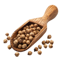 Coriander seeds in wooden scoop set against a clean Transparent background for culinary use, Coriander seeds in wood scoop isolated on background png