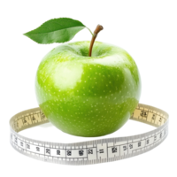 Fresh green apple with tape measure highlights healthy eating and fitness goals, Fresh green apple and tape measure isolated on white background png
