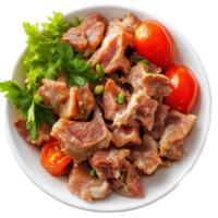 Boiled meat served with fresh herbs and cherry tomatoes in a white bowl on a clean surface, Dish made of boiled meat isolated on Transparent background png